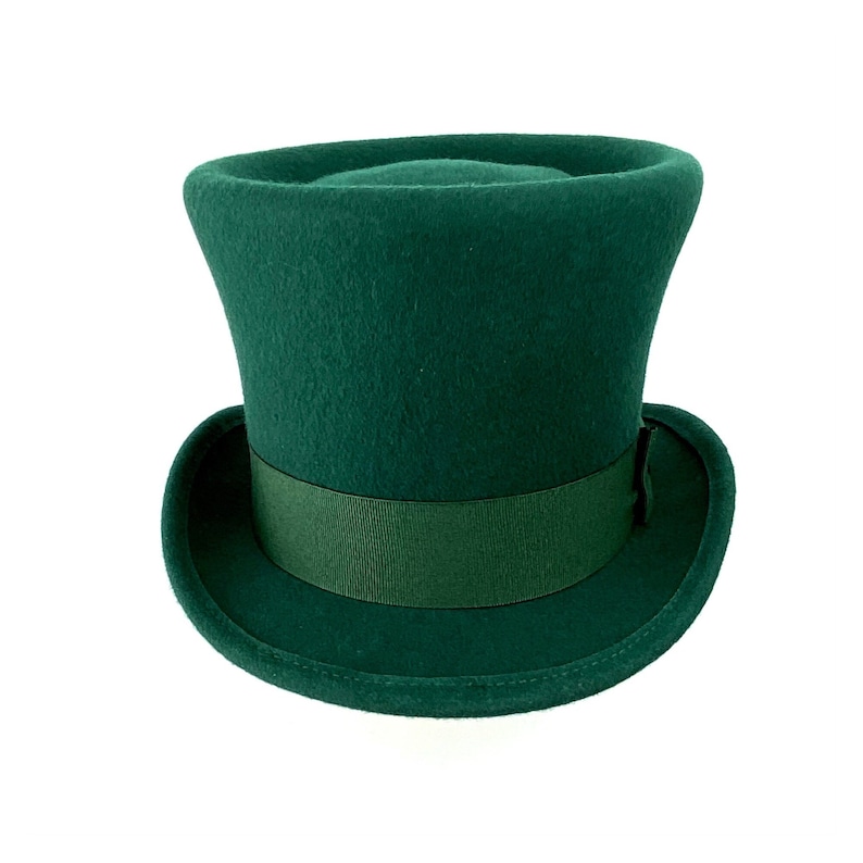 May include: A dark green top hat with a black band around the crown. The hat is made of felt and has a smooth finish.