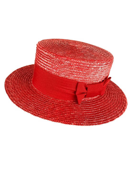 Straw Hat Boater, Natural Straw Canotier Hat, Boater Straw Hat Red Ribbon, Womens Boater Straw Hat, Gondolier Straw Hat, Summer Boater Hat