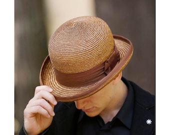 Straw bowler, brown bowler straw hat, derby straw hat, bombin hat, summer bowler hat, handmade bowler straw hat, billycock straw hat