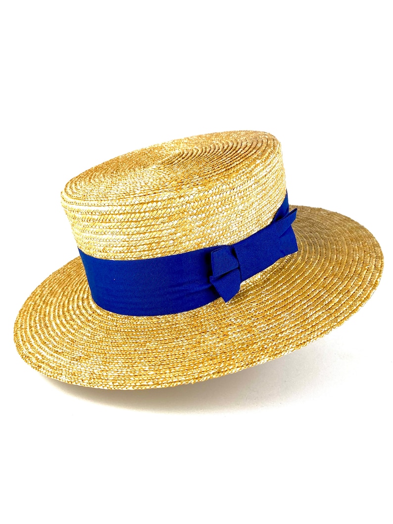 Natural Straw Boater Hat With Blue Ribbon Elegant Straw Etsy