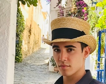 Straw top hat short crown, men&#39;s edwardian straw top hat, victorian men&#39;s straw hat, man and woman straw top hat, low topper straw hat