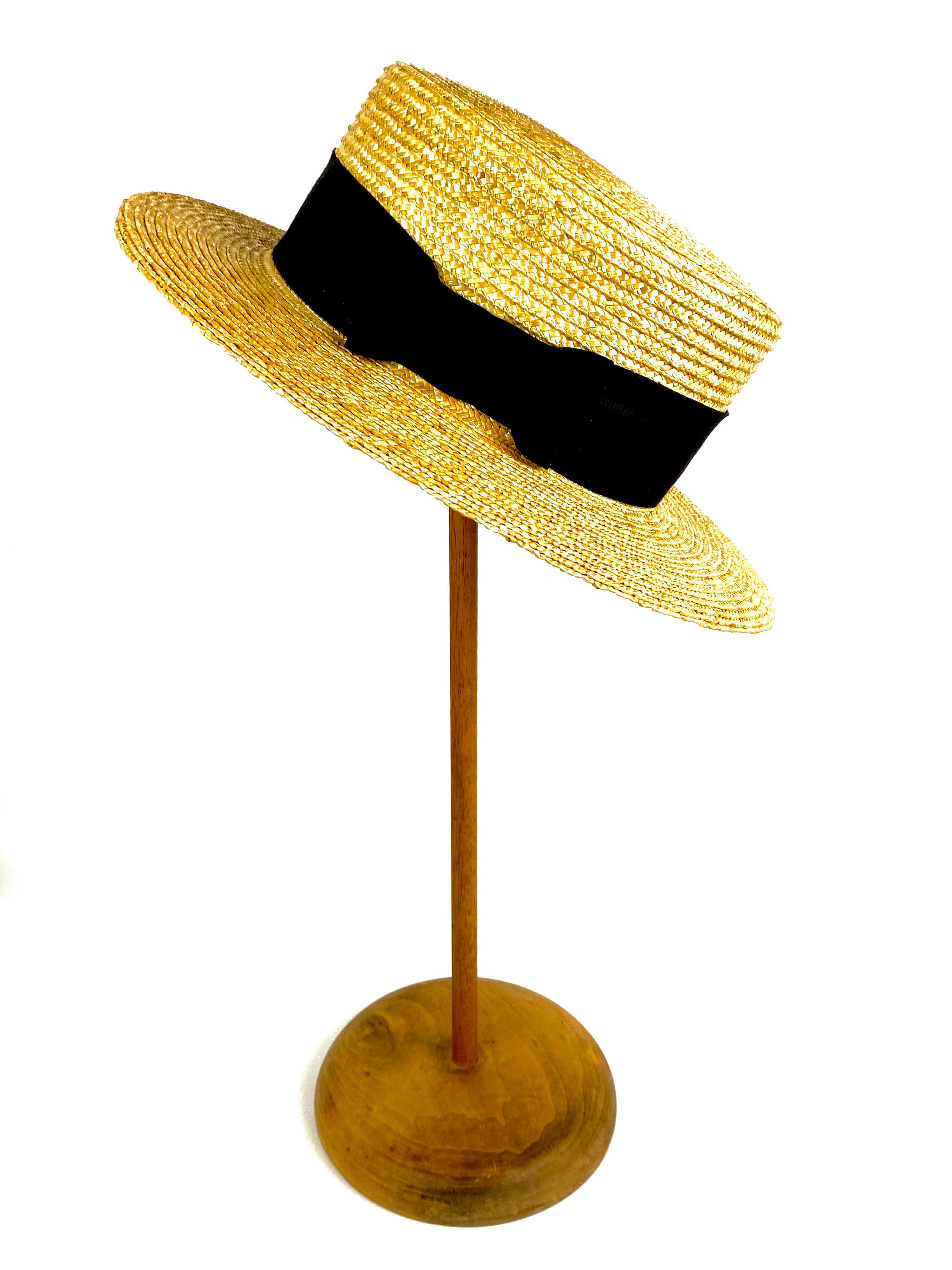 Boater Straw Hat Woman Boater Straw Hat With Black Ribbon Etsy