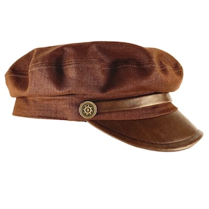 Brown Linen Sailor Hat with Genuine Leather Visor - Vintage-inspired Nautical Headwear
