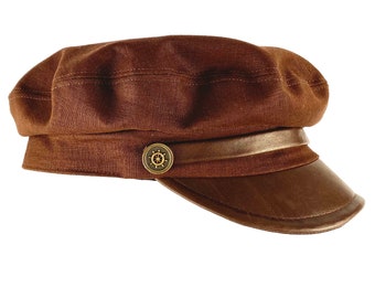 Brown Linen Sailor Hat with Genuine Leather Visor - Vintage-inspired Nautical Headwear