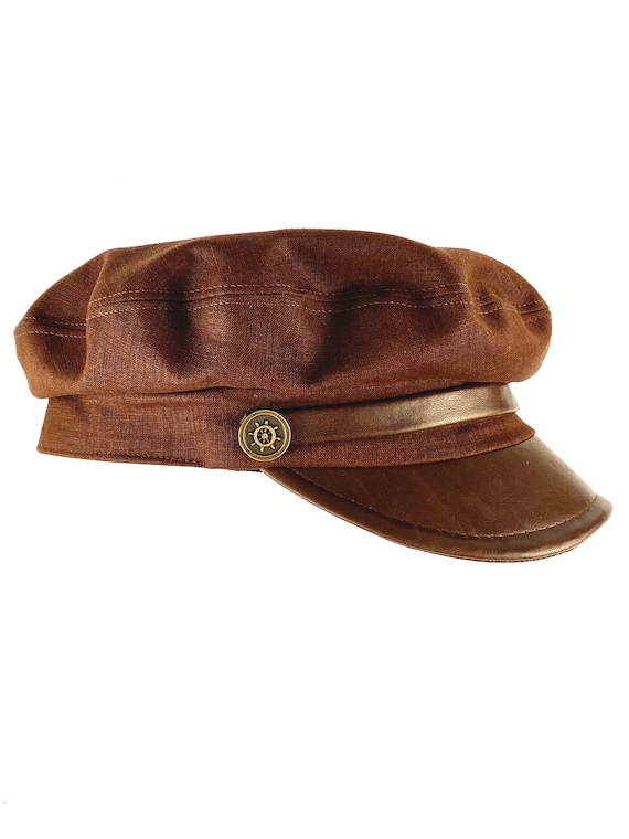 Brown Linen Sailor Hat With Genuine Leather Visor - Vintage
