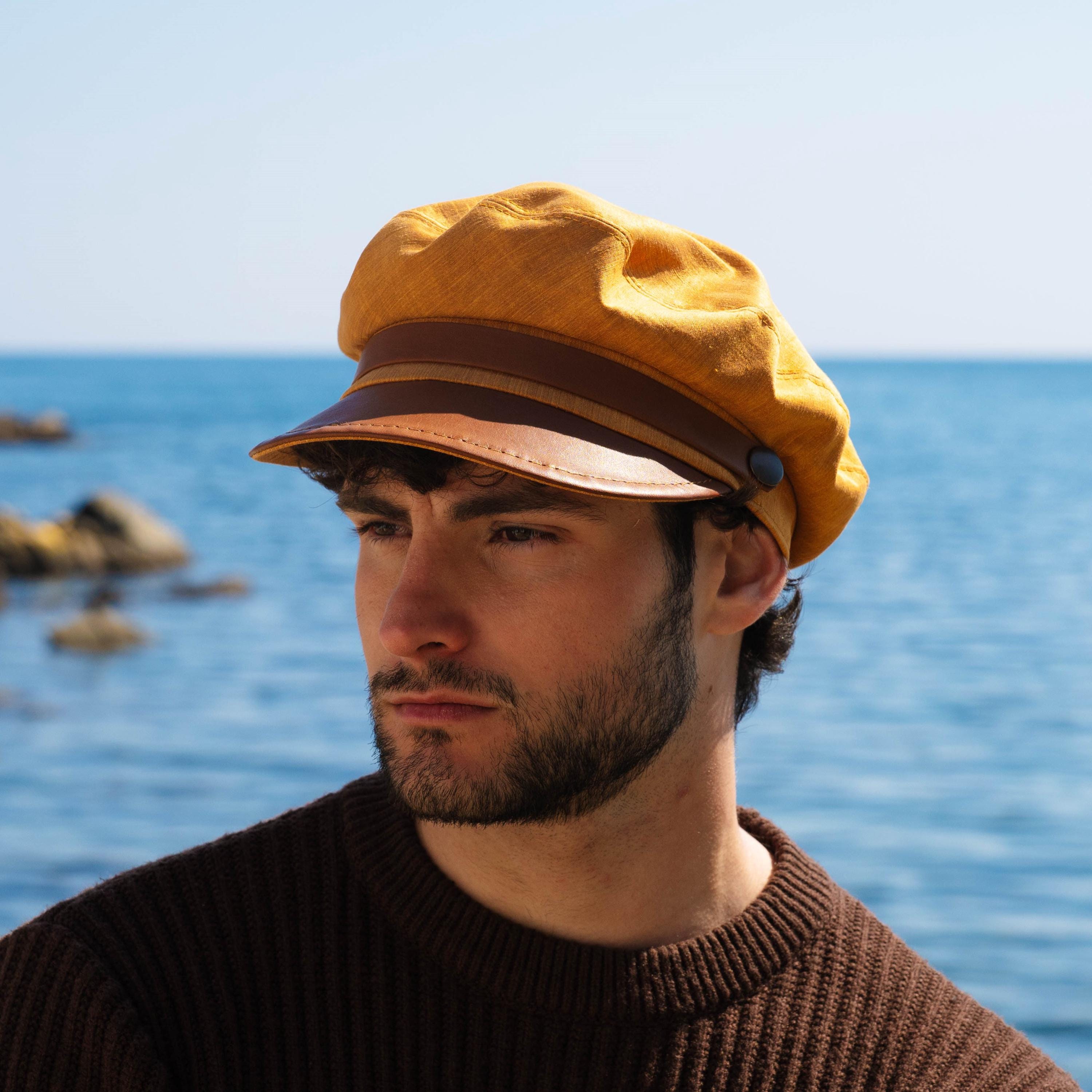 Sailor Cap Linen Gold - Greek Fisherman Hat Brown Leather Visor