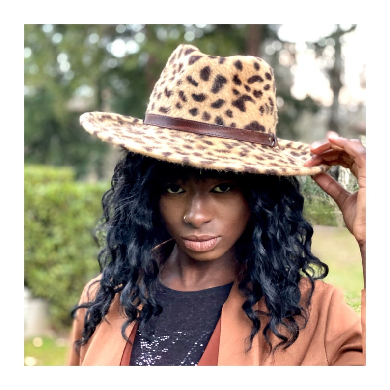 Leopard fedora hat wide brim, leopard fur felt melousine fedora hat, cheetah animal print fedora hat, wide brim fedora hat, cowboy felt hat image 1