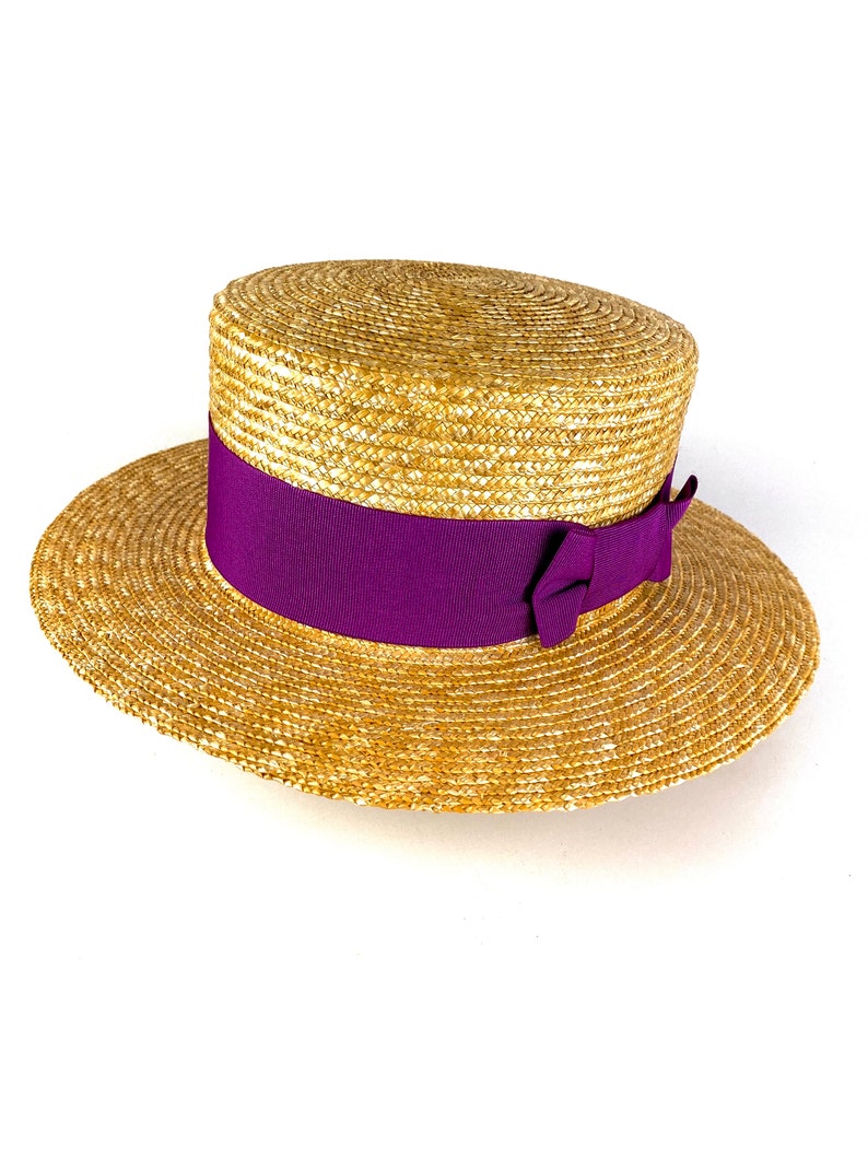 Natural Straw Boater Purple Ribbon Gondolier Straw Summer Etsy