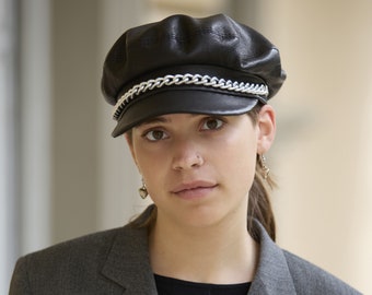 Handmade Black Leather Sailor Cap With Silver Chain: Rocker  display picture 1