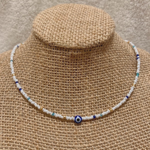 White and Blue Beaded Seedbead Layering Evil Eye Choker Necklace Vsco Bohemian