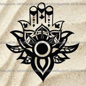 svg & file png di fiore di loto / hamsa grafica - stile zentangle con petali di fiori e libellula - silhouette nera mandala ispirato