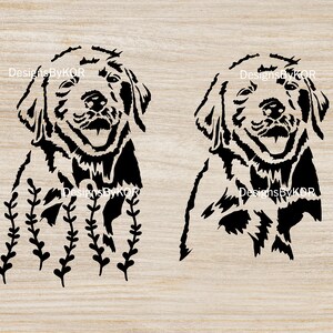 Twee Labrador / golden retriever bundel svg en png bestanden voor crafting / Cricut gesneden bestanden, puppy lab met en zonder bloemen, wijnstokken optie