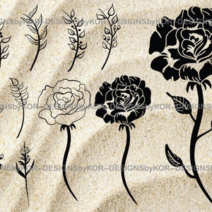 11 svg & png selectie - drie rose designs - zwarte silhouetten en contouren en 8 blad / kransblaadjes / decoratieve graphics