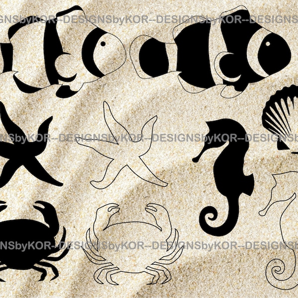 9 sea life svg & png files - clown fish - star fish - sea horse - shell - crab designs sillhouettes and black fill designs -ocean theme file