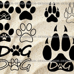 18 archivos 9 SVG & 9 PNG paws selección - impresión de la pata - pata silueta negro relleno y contornos - impresión de perro - lindo perro patas de letras