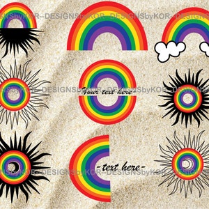 9 regenboog svg en png bestanden - regenboog met konikjes - zon en maan - happy sky thema svg - multi colour svg - aanpasbaar met eigen tekst
