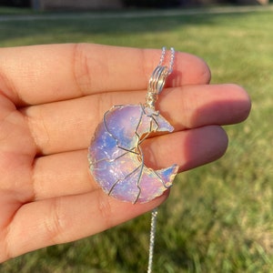 Opalite Moon Silver Wire Wrapped Pendant, Opalite Crescent Neckace, Wire Wrapped Opalite Moon, Iridescent Rainbow Moon Necklace