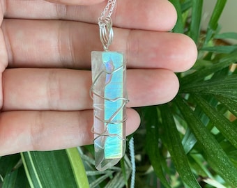 Angel Aura Quartz Necklace: Silver Wire Wrapped Boho Crystal Pendant