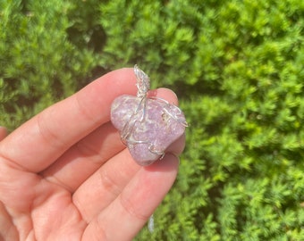 Raw Lepidolite Crystal Necklace: Handmade Silver Wire Wrapped Pendant