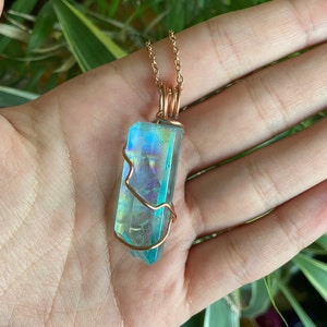 Aqua Aura Quartz Necklace, Dainty Crystal Necklace, Gifts for Her, Rose Gold Necklace, Wire Wrapped Crystal Necklace