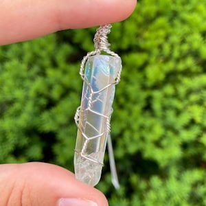 Clear Aura Quartz Necklace, Angel Aura Quartz Pendant, Silver Wire Wrapped Crystal Necklace, Boho Crystal Necklace, Dainty Aura Quartz