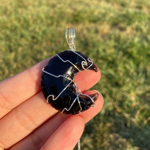 Black Obsidian Wire-Wrapped Moon Pendant, Silver Wire-Wrapped Obsidian Moon Pendant, Wire Wrapped Obsidian Moon Necklace