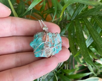 Chrysocolla Necklace, Raw Stone Necklace, Dainty Jewelry, Gemstone Necklace, Chrysocolla Jewelry, Wire-Wrapped Chrysocolla, Raw Blue Stone