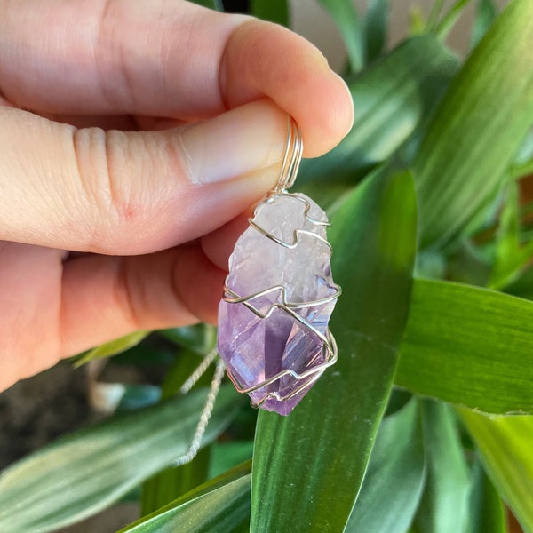 Raw Amethyst Silver Wire Wrapped Necklace, February Birthstone, Hand Wrapped Purple Crystal Necklace, Crystal for Stress, Point Necklace