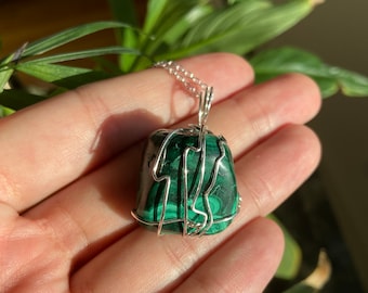 Dainty Malachite Necklace: Silver Wire Wrapped Crystal, 20 inch Chain
