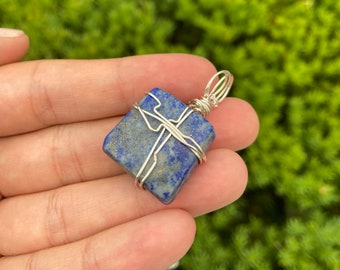 Handmade Lapis Lazuli Square Pendant: Silver Wire Wrapped Necklace