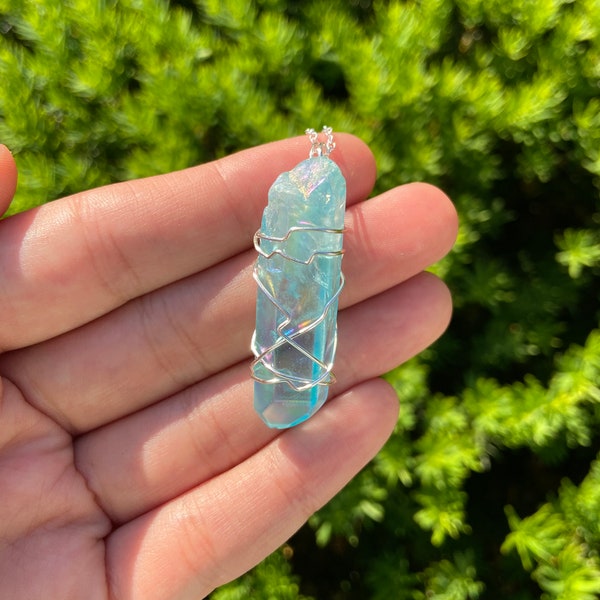 Aqua Aura Quartz Necklace, Blue Aura Quartz Necklace, Blue Aura Quartz, Dainty Blue Crystal Necklace, Silver Wire Wrapped Aqua Aura Necklace