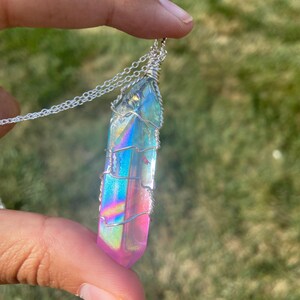 Cotton Candy Aura Quartz Necklace, Silver Wire Wrapped Aura Quartz, Aqua Pink Aura Quartz Pendant, Pastel Aura Quartz Jewelry Wrapped