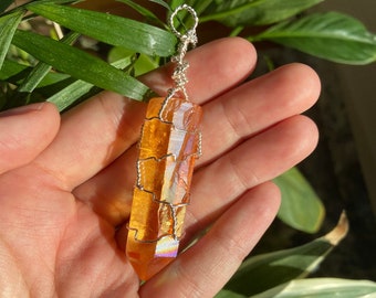 Sunshine Aura Quartz Necklace, Orange Aura Quartz Necklace, Tangerine Aura Quartz Pendant, Crystal Point Necklace, Silver Wire Wrapped