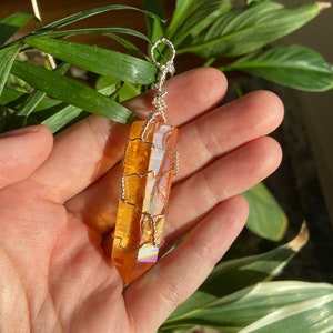 Sunshine Aura Quartz Necklace, Orange Aura Quartz Necklace, Tangerine Aura Quartz Pendant, Crystal Point Necklace, Silver Wire Wrapped