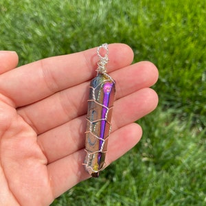 Rainbow Aura Quartz Necklace, Titanium Aura Quartz Pendant, Crystal Point Necklace, Silver Wire Wrapped Necklace, Aura Quartz Wire Wrapped
