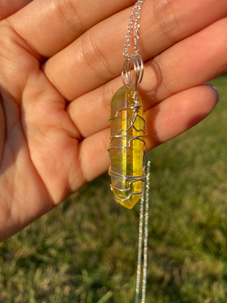 Silver Wire Wrapped Crystal Necklace Yellow Aura Quartz Necklace Sunshine Aura Quartz Pendant Yellow Aura Quartz Pendant
