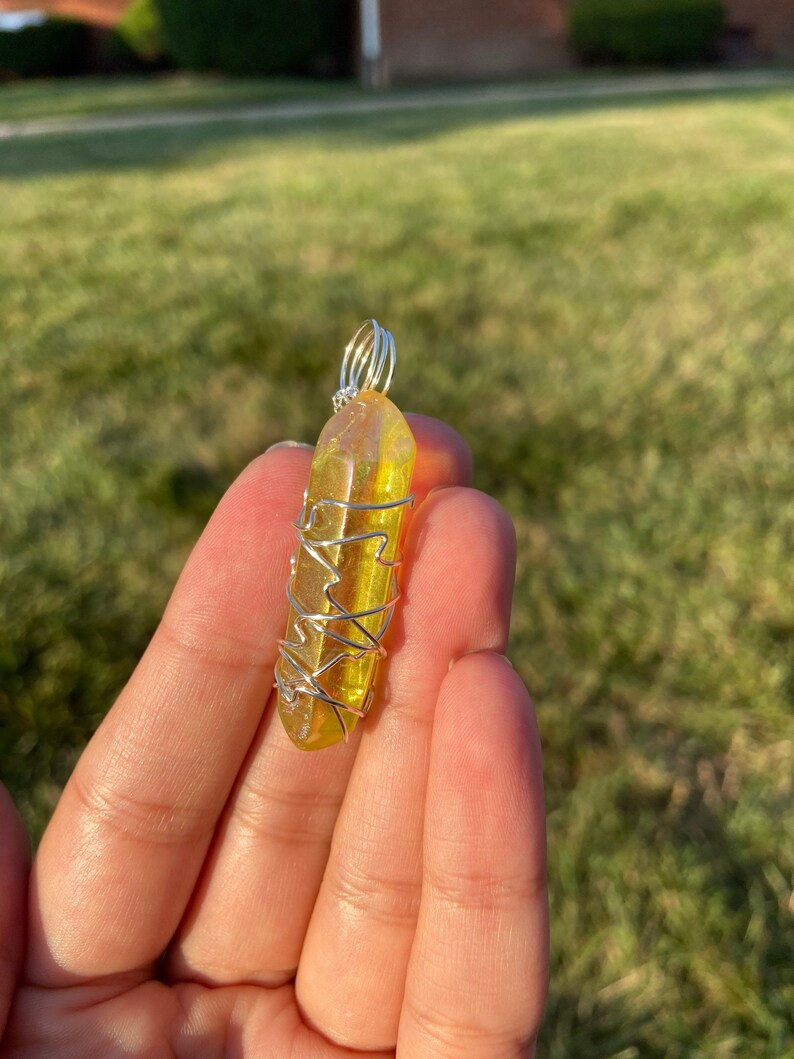 Silver Wire Wrapped Crystal Necklace Yellow Aura Quartz Necklace Sunshine Aura Quartz Pendant Yellow Aura Quartz Pendant