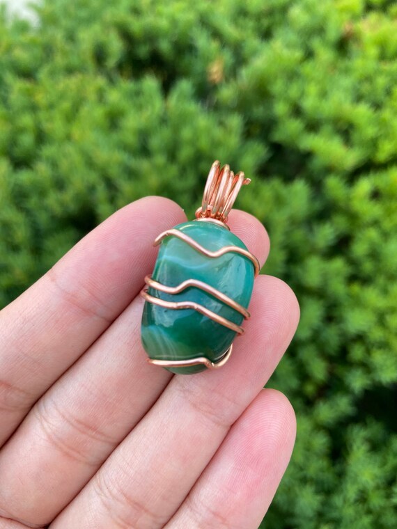 Green Agate Necklace, Crystal Agate Necklace, Wire Wrapped Crystal