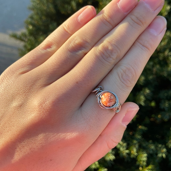 Orange Jasper Crystal Ring, Wire Wrapped Jasper Ring, Dainty Crystal Jewelry, Silver Wire Wrapped Jasper, Wrapped Stone Ring for Her