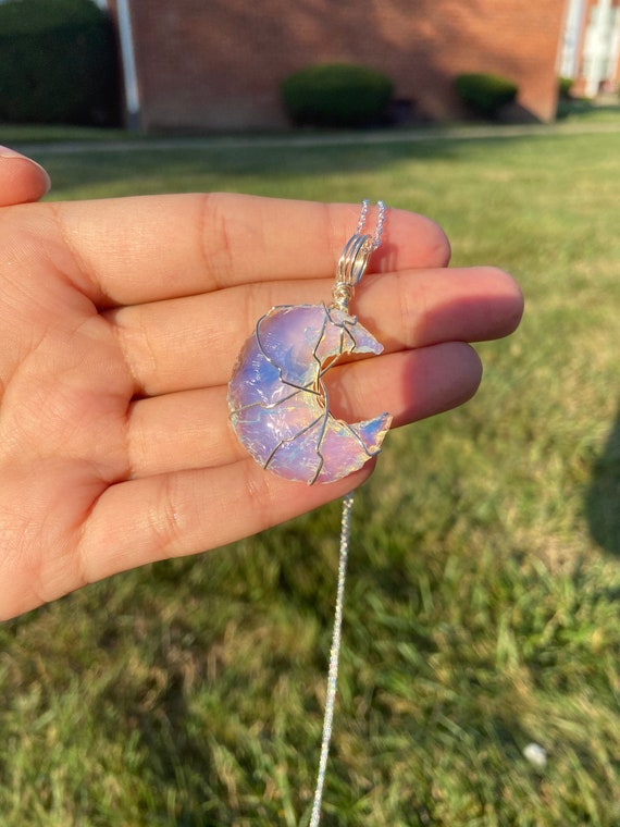 Opalite Moon Silver Wire Wrapped Pendant, Opalite Crescent Neckace, Wire Wrapped Opalite Moon, Iridescent Rainbow Moon Necklace