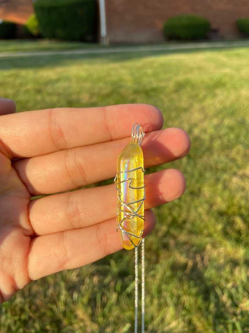 Silver Wire Wrapped Crystal Necklace Yellow Aura Quartz Necklace Sunshine Aura Quartz Pendant Yellow Aura Quartz Pendant