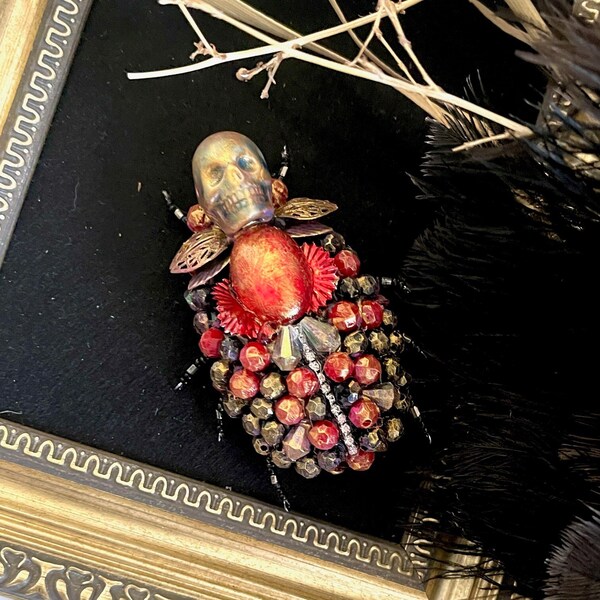 Red Gold Beetle Bug Skull Brooch Pendant Sculpture  -  Beaded Bug - Bug Pendant - Skull Pendant - Halloween Jewelry - Entomology art