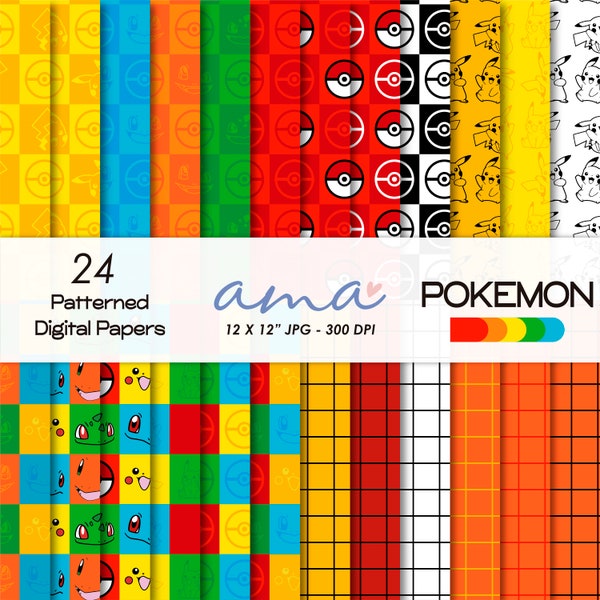 AMA Pokemon Digital Papers, Digital Scrapbooking Paper Pack - Commercial Use