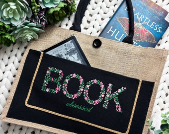 Book Obsessed Embroidered Burlap ToteBag | Bookish Merch | To Be Read | Book Obsessed | Romance Reader | Bookstagram