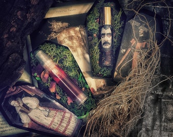 Hallpween Vampire gothic bundle set cosmetic with Elizabeth Bathory facial serum and Dracula perfume roll-on glass bottle gift dark beauty