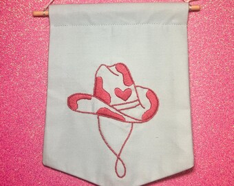 Pink Cow Cowboy Hat Finished Embroidered Wall Hanging