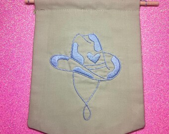 Light Blue Cow Cowboy Hat Finished Embroidered Wall Hanging
