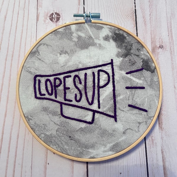 Lopes Up Megaphone Finished Embroidery in Gray with Purple Stitching - Grand Canyon University GCU