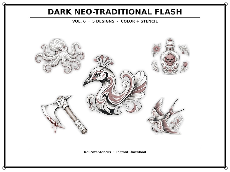 black and grey tattoo stencil, digital download, transparent PNG.