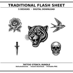 black and grey tattoo stencil, digital download, transparent PNG.